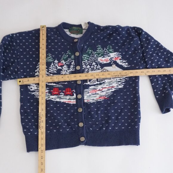Vintage Northern Reflections Navy Cabin Winter Scene Knit Cardigan Sweater S - Picture 3 of 10